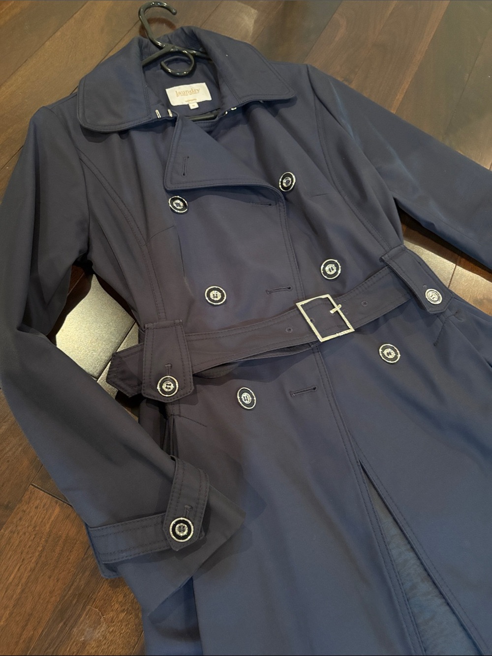 Laundry By Shelli Segal Navy Double-Breasted Belted Trench Coat
